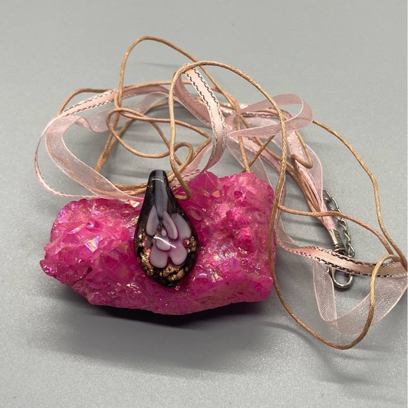 Jewelry - Pink Dichroic Flower Art Glass Necklace #6954